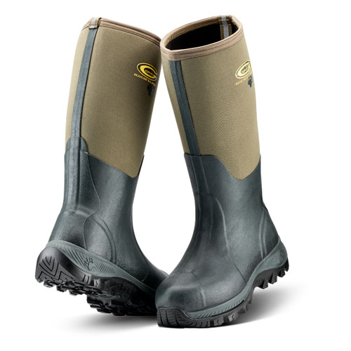 A pair of green waterproof boots with a gray bottom and elasticized tops.