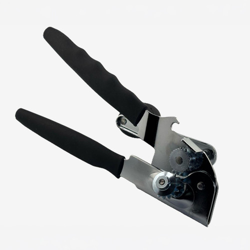 A stainless steel can opener with black rubber grips and a turning knob.