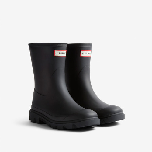 A pair of black waterproof short boots with red and white "HUNTER" logos on the front.
