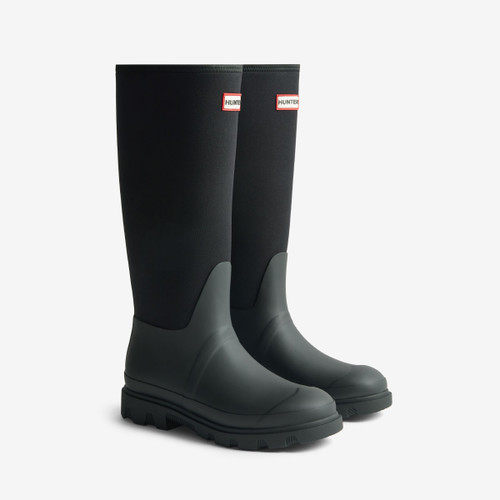 Pair of Hunter Downpour Neo tall wellington boots in black with flexible neoprene uppers and chunky treaded soles.