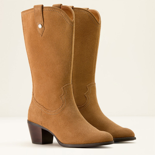 Tan suede cowboy boots with a short heel and decorative stitching.