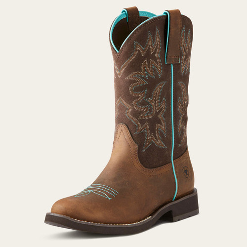 A pair of brown cowboy boots with decorative stitching and turquoise accents.