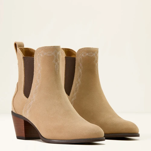 Tan suede ankle boots with a low heel and decorative stitching.