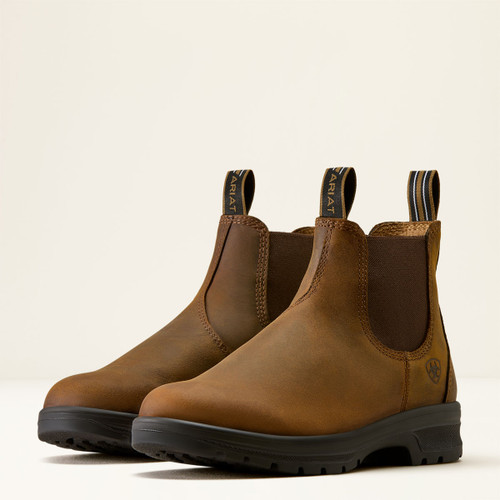 Brown leather ankle boots with elastic sides and pull tabs, branded 'Ariat'.