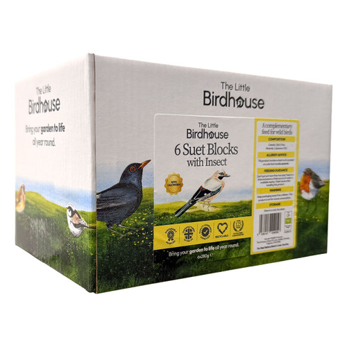 A box containing six suet blocks with insects, featuring illustrations of birds on a grassy landscape.