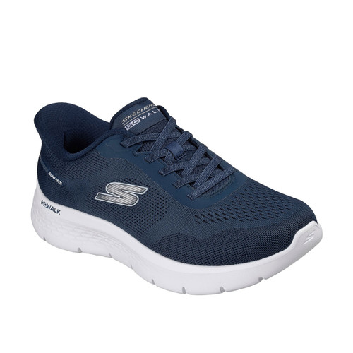 Navy blue Skechers walking shoe with a white sole and mesh upper, featuring laces and a logo on the side.