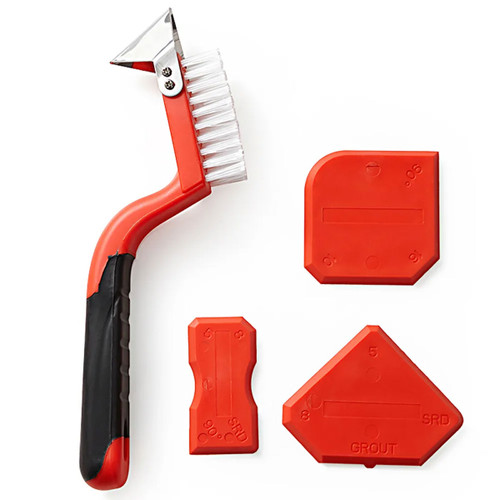 A Dekton caulking kit featuring a caulking tool with a brush and four red plastic shaping tools.
