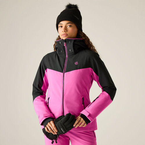 A model wearing a black and pink Dare 2b D2B Flurry III jacket with a knitted black beanie and gloves.