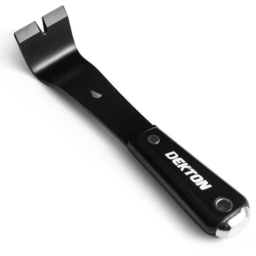 A black Dekton painters pry bar with a flat, forked end and a smooth handle featuring a round hole for hanging.