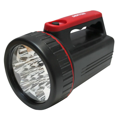A black and red handheld flashlight with multiple LED bulbs in the front.