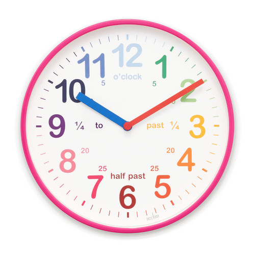 Round pink teaching wall clock with a white face, colourful Arabic numerals and labelled minute fractions, shown front-on against a white background.