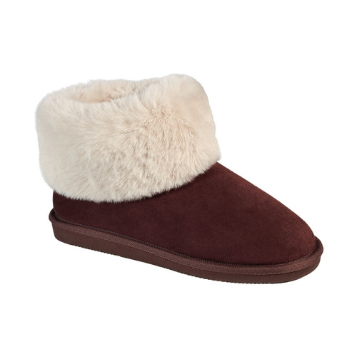 Brown suede bootie with a cream faux fur cuff, featuring a low heel and rounded toe.