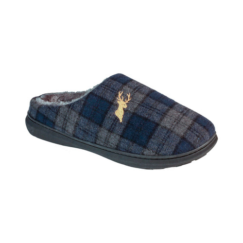 Navy checked mule slipper with a stag emblem and a soft lining.