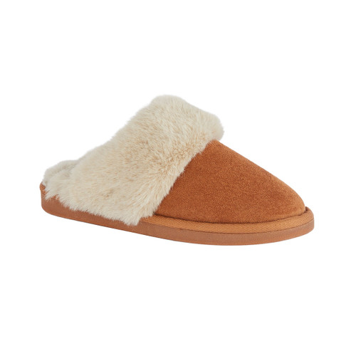 Brown suede mule slipper with a fluffy cream fur upper and a flat sole.
