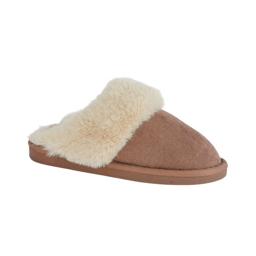 Brown suede mule slippers with a cream faux fur trim.