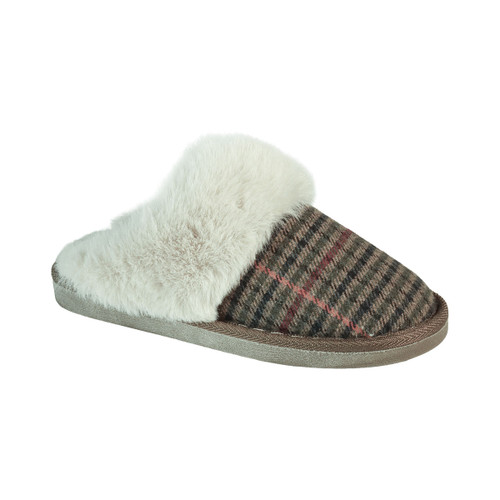 Olive green tartan mule slipper with a soft white faux fur collar and a flat, textured sole.