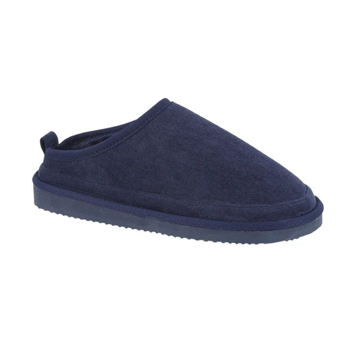 Navy mule slipper with a soft lining and a low back design.