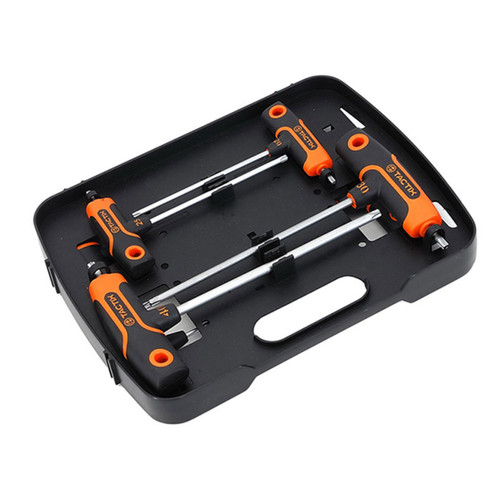Seven-piece T-handle Torx key set in a black tray with orange and black handles.