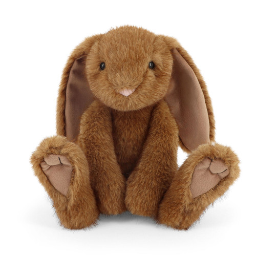 A sitting brown plush bunny with long ears and paw details, made of soft fur, facing forward against a white background.