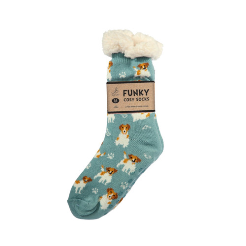 A single turquoise sock with a fluffy cream cuff, featuring a pattern of small dogs and paw prints.