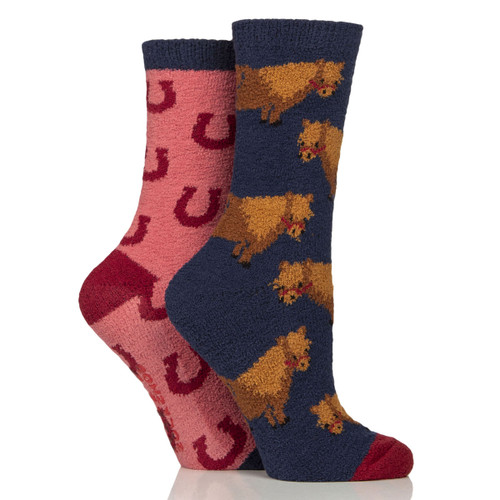 Two pairs of fluffy socks; one pink with red pattern, the other navy with brown pony designs, arranged side by side.