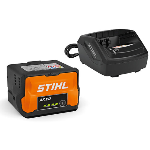 A black and orange compact battery pack and matching charger arranged side by side on a white background.