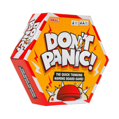 A hexagonal box in bright yellow and red with a prominent red button on top, arranged at an angle.