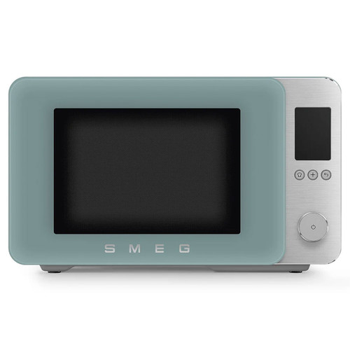 A mint green SMEG microwave oven with a stainless steel handle and buttons, featuring a large black viewing window.