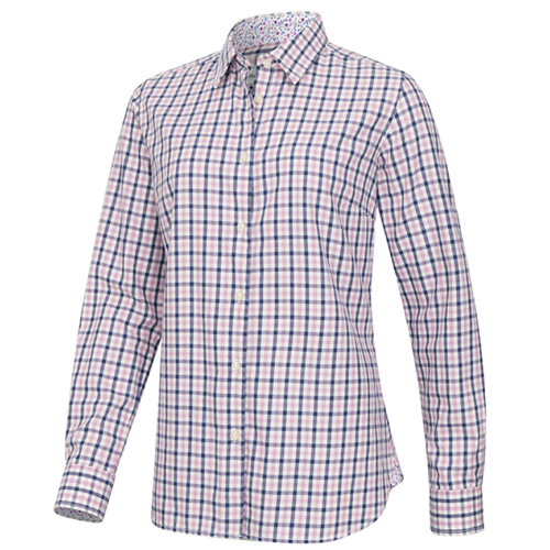 Long-sleeved pink and navy checked shirt with a floral-patterned inner collar and cuffs.