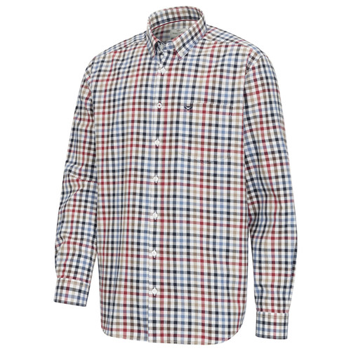 Long-sleeve checked shirt in navy, red, and cream, featuring a button-down collar and a chest pocket.