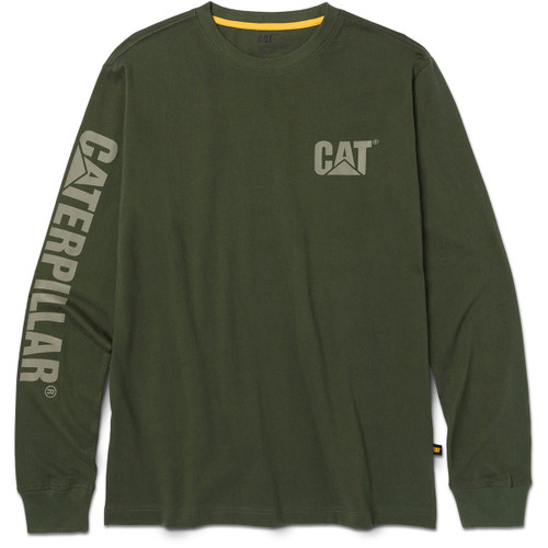 Long-sleeve dark green t-shirt with a rounded neckline and printed brand name down the left sleeve.
