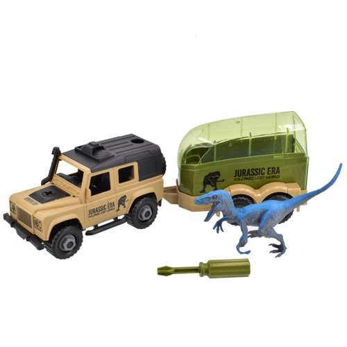 A tan off-road vehicle with a black roof, towing a transparent green trailer, alongside a blue dinosaur figure and a green tool.