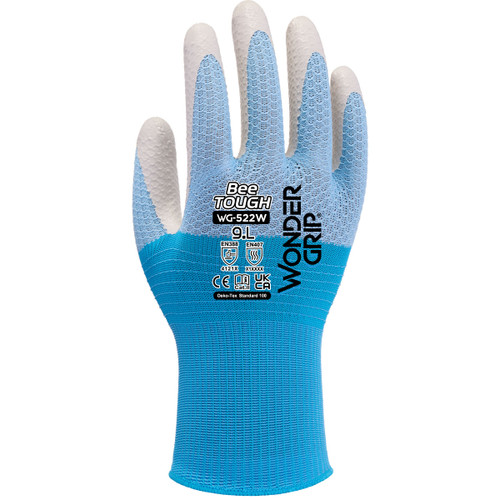 A pair of blue and grey work gloves with a textured grip, arranged with the palm facing upwards.