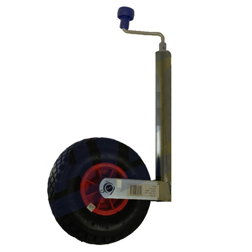 Heavy-duty jockey wheel with pneumatic tyre, metal support shaft and winding handle for trailers and caravans.