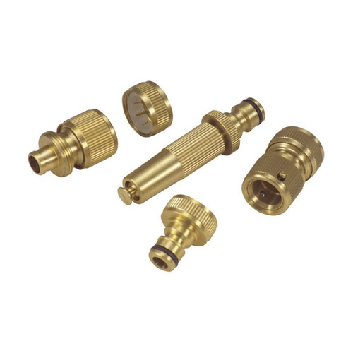 Kingfisher brass garden hose fitting set with multiple connectors and adaptors for secure hose and tap connections.