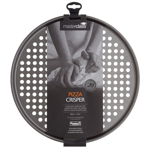 MasterClass 13-inch non-stick pizza crisper with perforated base for improved airflow and crispier homemade pizza bases.