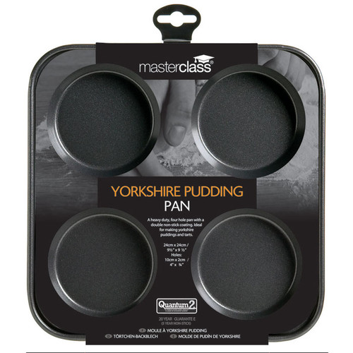 MasterClass 4-hole non-stick Yorkshire pudding baking tin with deep round wells for evenly baked Yorkshire puddings.