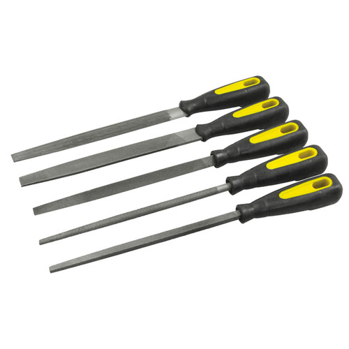Set of five metal files with black and yellow handles, arranged in a fan shape. The files vary in shape and size, offering diverse tool options.