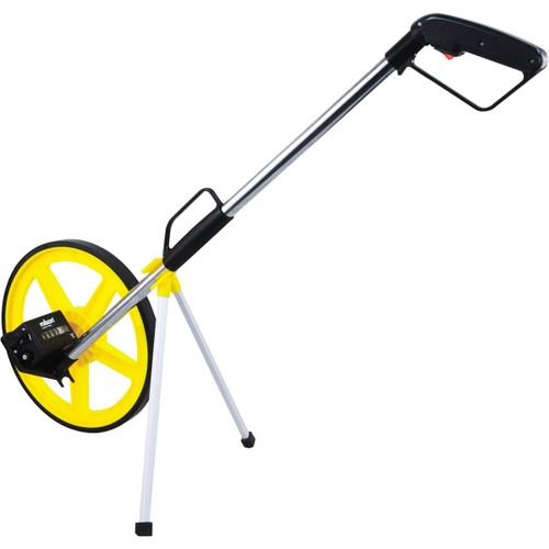Yellow measuring wheel with a black rubber grip and silver metal handle. It has a large, yellow wheel and two white foldable legs for support.