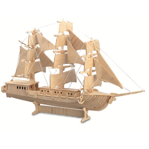 Wooden sailing ship construction kit model with three masts, detailed sails, rigging and display stand.