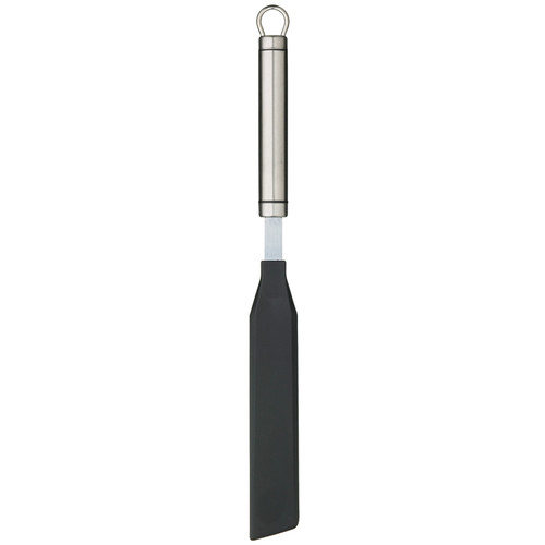 Black non-stick spatula with a long, narrow, flat head, slightly angled tip, stainless steel handle and hanging loop, displayed vertically against a white background.