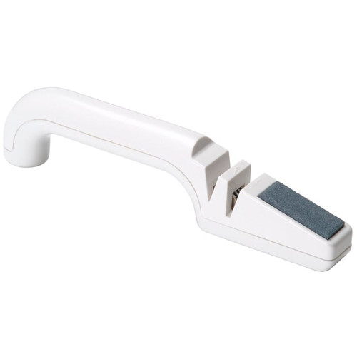 KitchenCraft knife and scissor sharpener with an ergonomic white handle, dual sharpening slots and non-slip base for safer kitchen use.