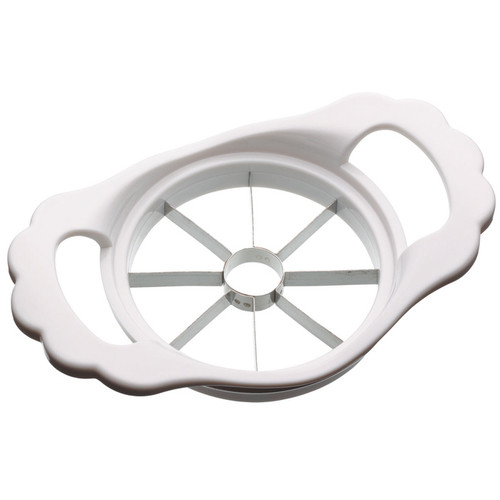 KitchenCraft stainless steel apple corer and wedger with easy-grip white handles, designed to remove the core and cut apples into even segments.