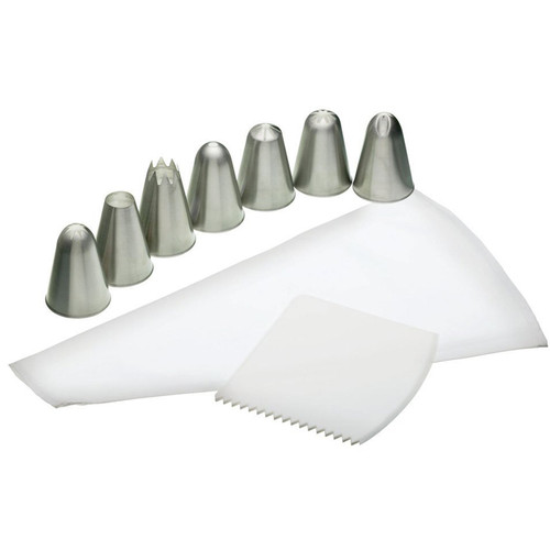 KitchenCraft icing set with reusable piping bag, six metal decorating nozzles and an icing comb for decorating cakes, cupcakes and bakes.