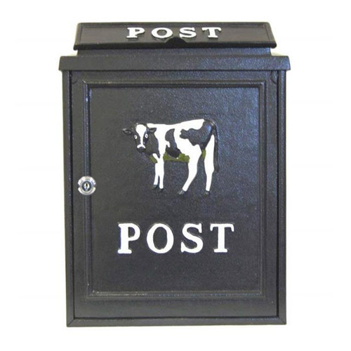 Black cast aluminium wall-mounted post box with white POST lettering, decorative cow design and lockable front door.
