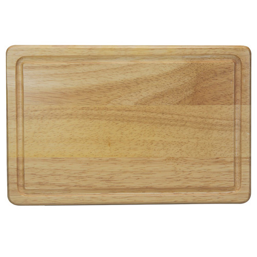 Apollo rectangular Hevea wood cutting board with a natural wood grain finish and grooved edge for everyday food preparation.