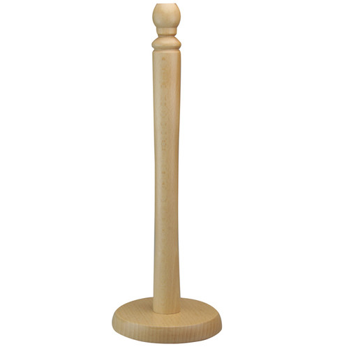 Natural beech wood kitchen paper towel holder with a round, sturdy base, tall central spindle and decorative rounded finial at the top, displayed upright against a white background.