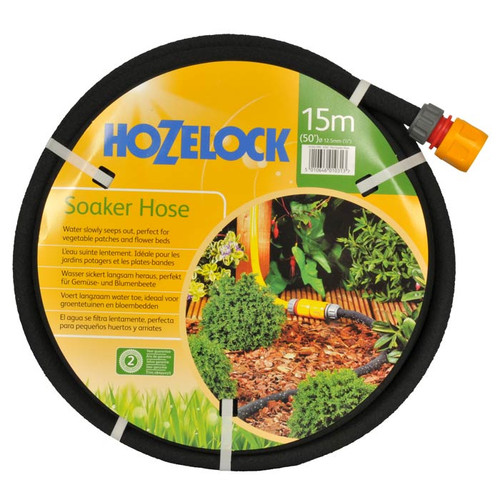 Hozelock 15m Soaker Hose coiled with hose connector, designed for targeted watering of garden beds and borders.