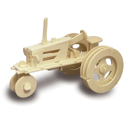 Unpainted wooden tractor model construction kit, assembled with detailed wheels, engine and steering components.