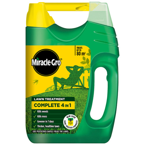 Green container of Miracle-Gro Complete 4 in 1 Lawn Treatment. Includes logo, silhouette of a person relaxing, promises weed and moss control, and a greener lawn.